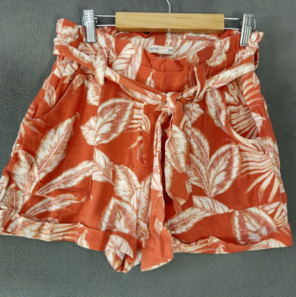 Aeropostale Womens Small Linen Blend Shorts Hawaiian Belt Leaves Orange